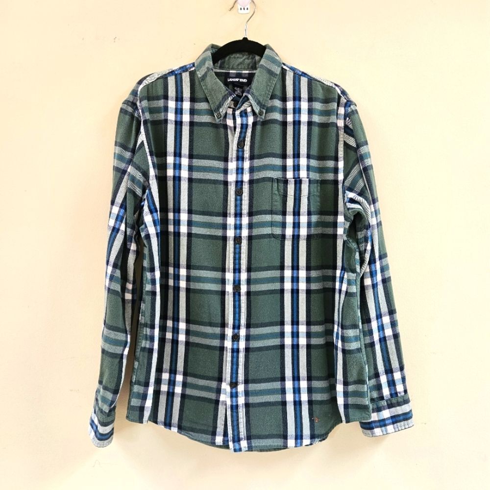 Lands End Green Plaid Men Shirt SZ L 16-16 1/2 Traditional Fit Baumwolle Cotton